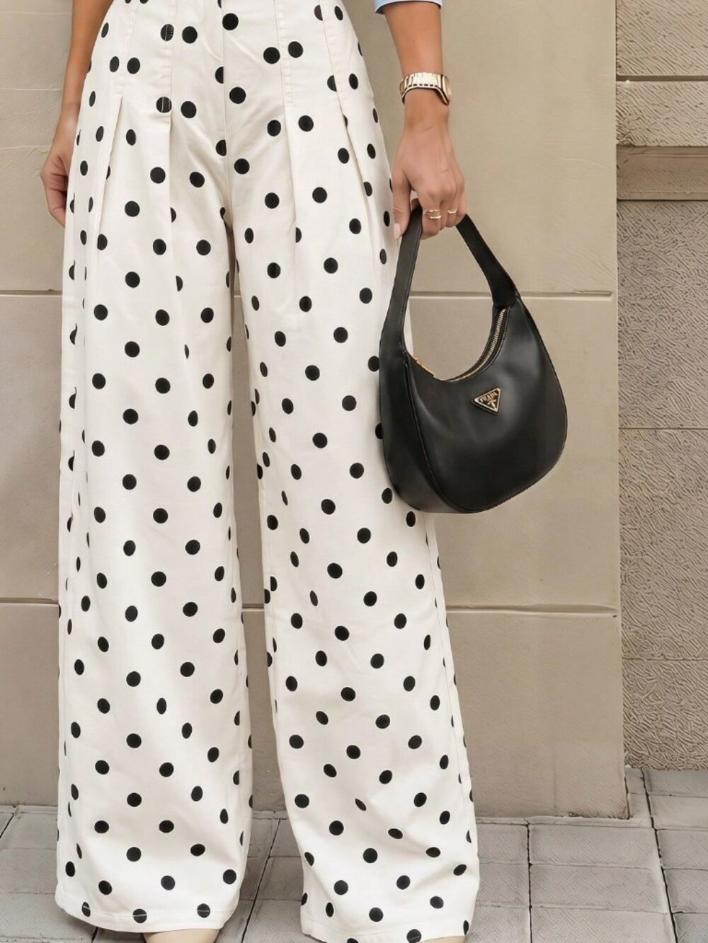 Beige Casual Women's Polka Dot Pattern Pleated Wide Leg Loose Denim Pants - Picture 5 of 8